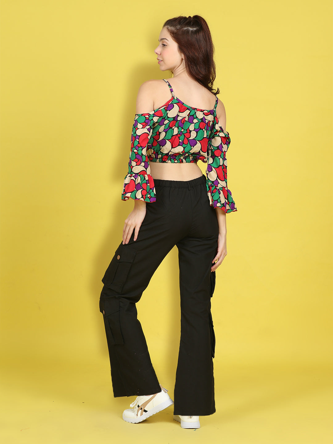 Cutiekins Girls Trendy Bold Look Crop Top With Solid Cargo -Multi & Black