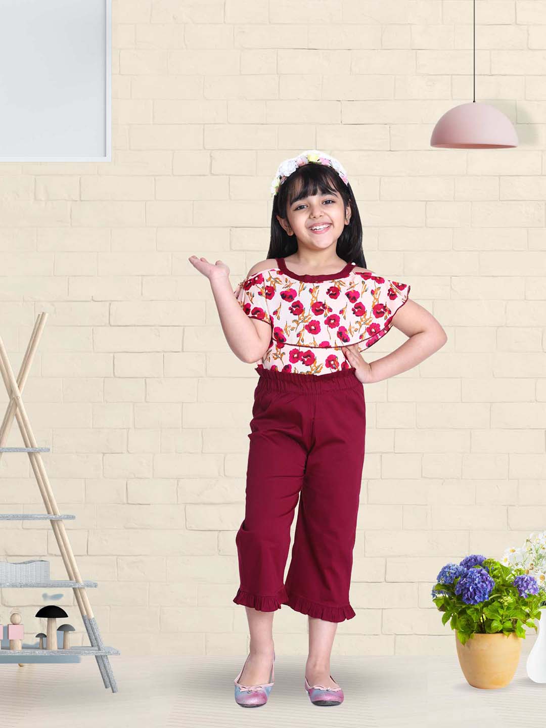 Cutiekins Floral Print Cape Top & Solid Capri Palazzo Set -Peach & Wine