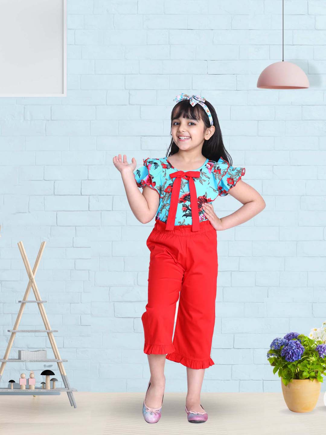 Cutiekins Floral Print Ruffle Sleeves Top & Solid Capri Palazzo Set -Aqua Blue & Red