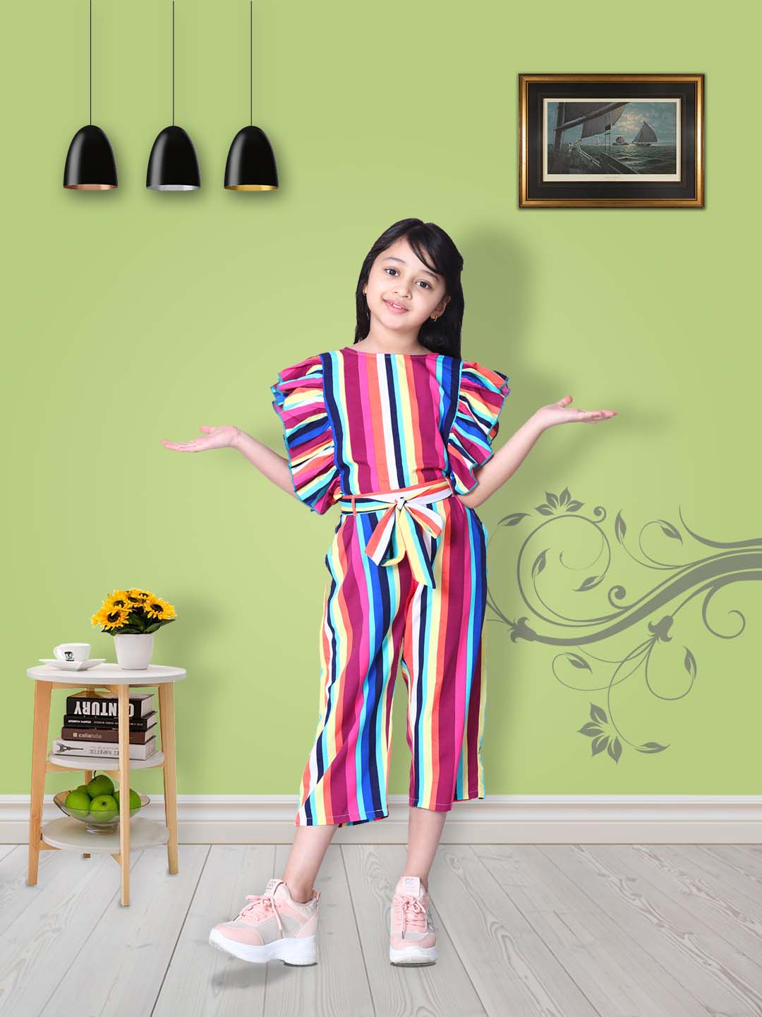 Cutiekins Stripe Printed Ruffle Ankle length Jumpsuit -Multicolour