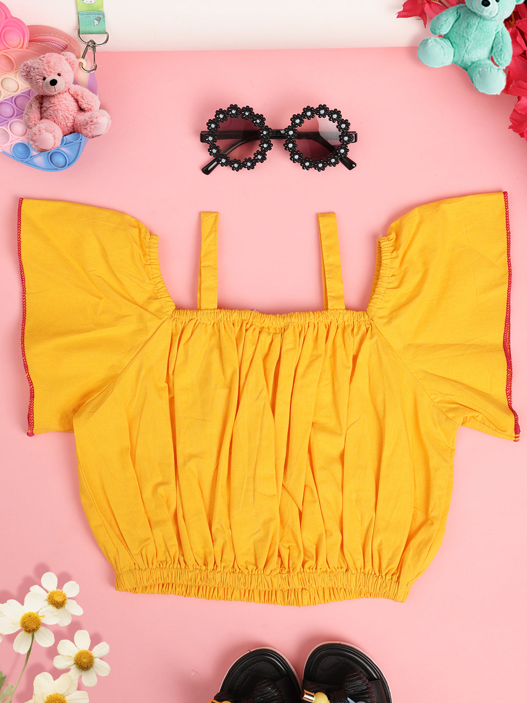 Cutiekins Girls Pure Cotton Solid Embellished Crop Top -Mustard & Pink