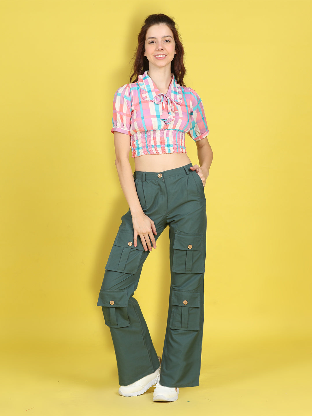 Cutiekins Girls Trendy Bold Look Crop Top With Solid Cargo -Off White & Sea Green