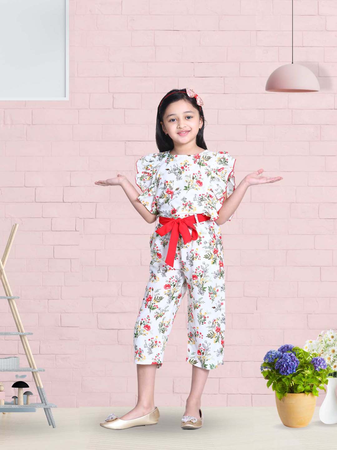 Cutiekins Floral Printed Ruffle Ankle length Jumpsuit -White & Red
