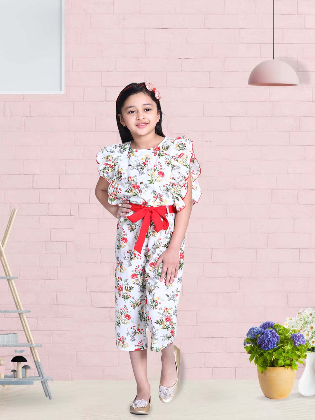 Cutiekins Floral Printed Ruffle Ankle length Jumpsuit -White & Red