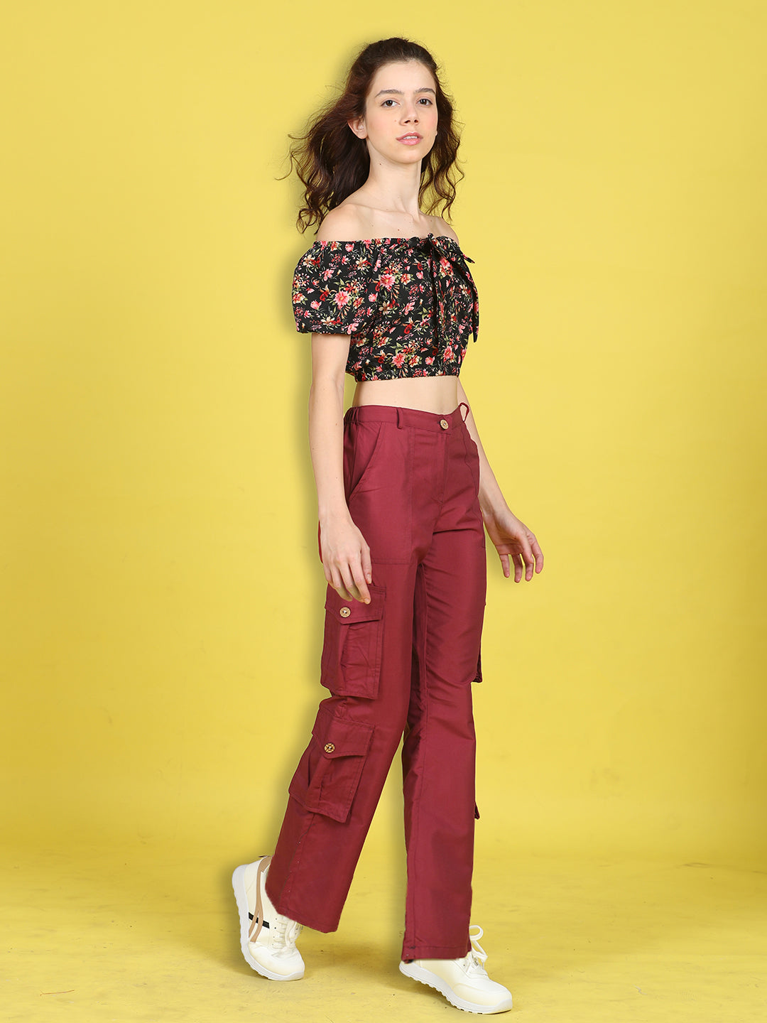 Cutiekins Girls Trendy Bold Look Crop Top With Solid Cargo -Black & Maroon