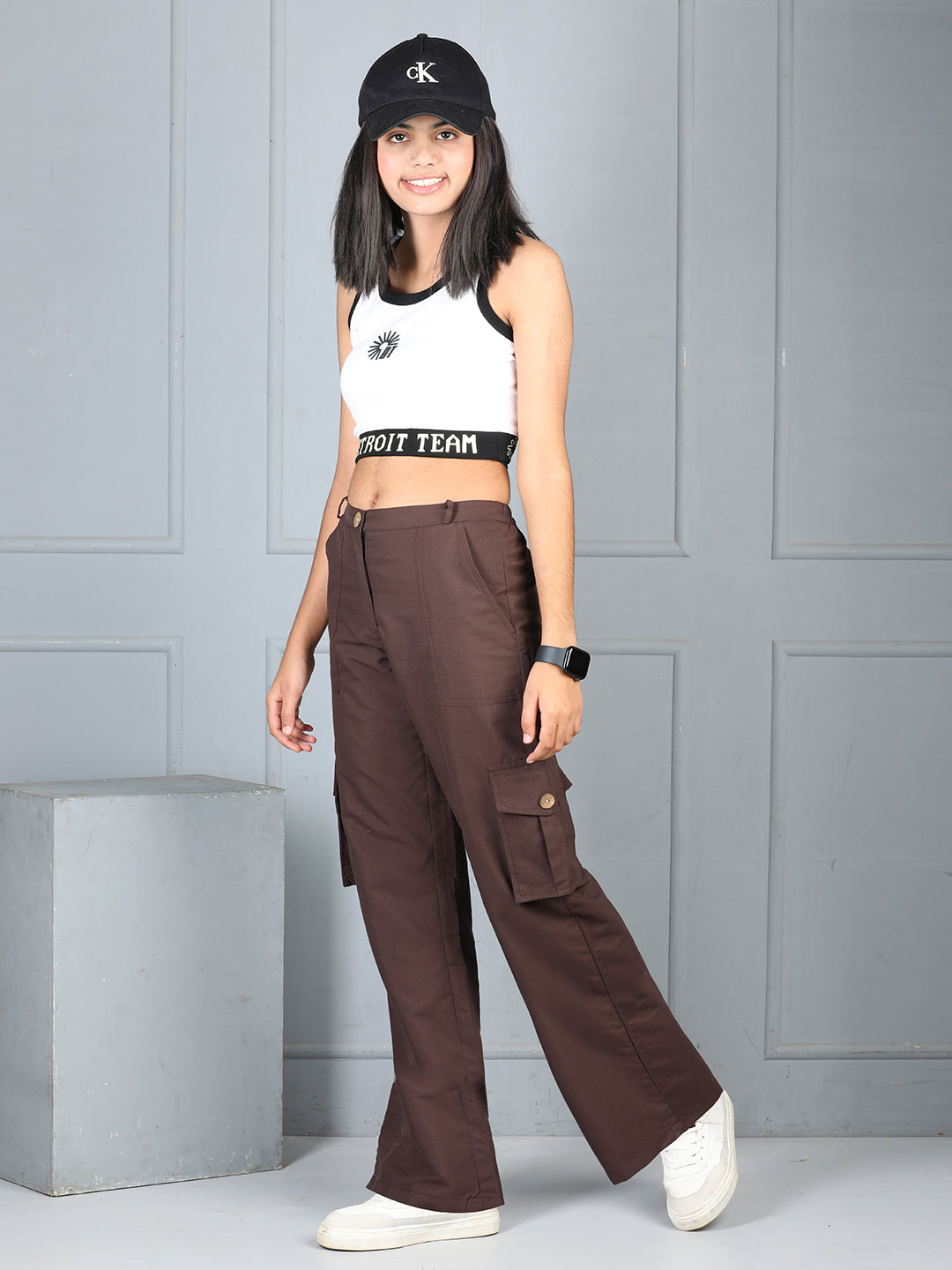 Cutiekins Girls Solid Polycotton Casual Cargo Pant -Coffee Brown
