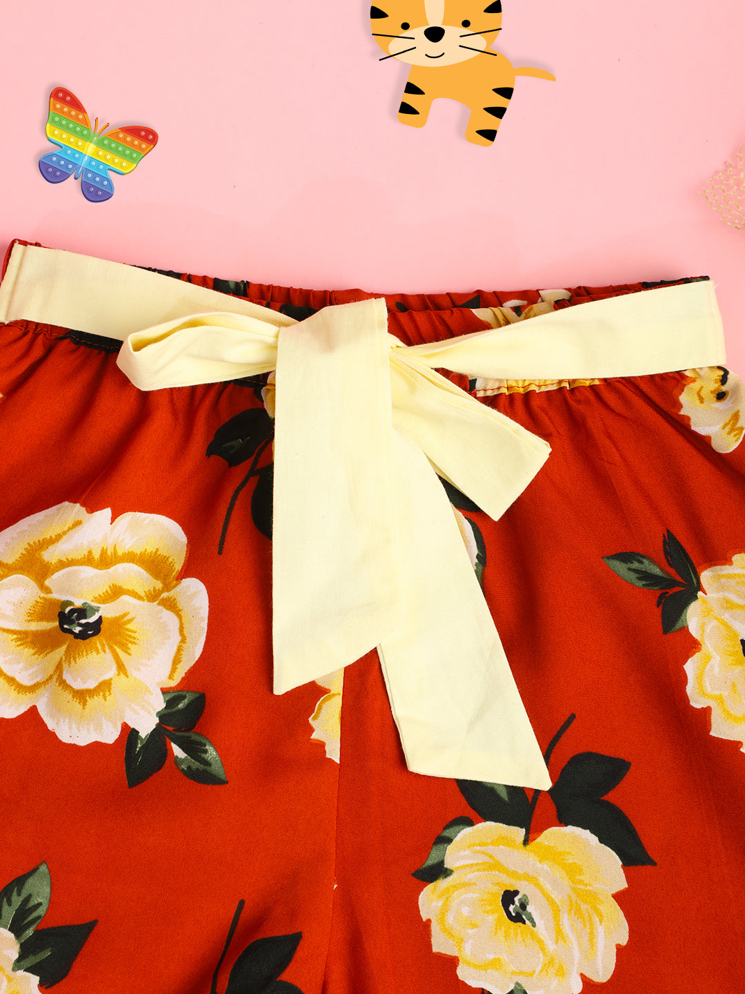 Cutiekins Girls Floral Printed Embellished Short -Rust & Cream