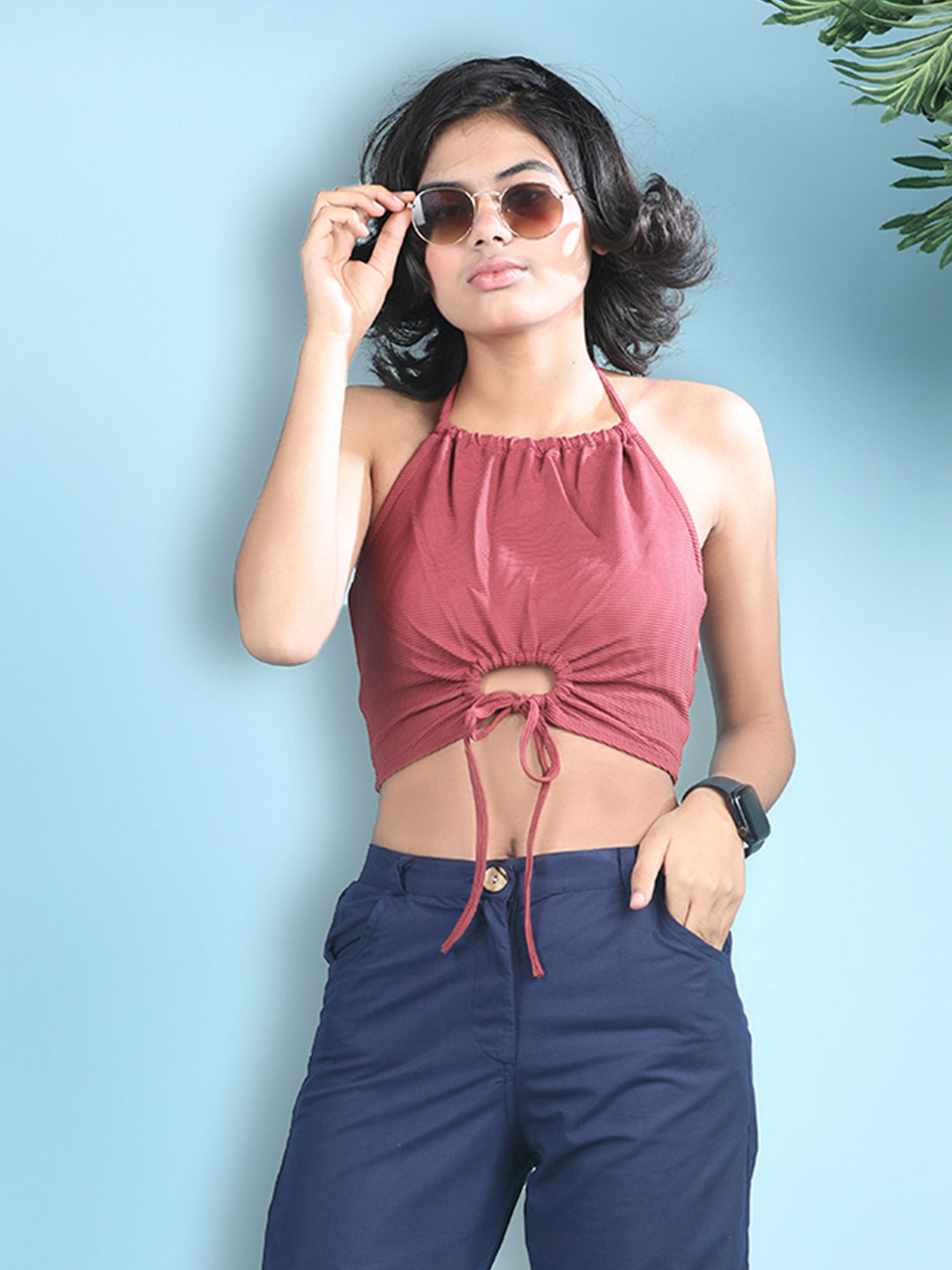 Cutiekins Girls Solid Embellished Stylish Tie-Ups Crop Top -Dark Red