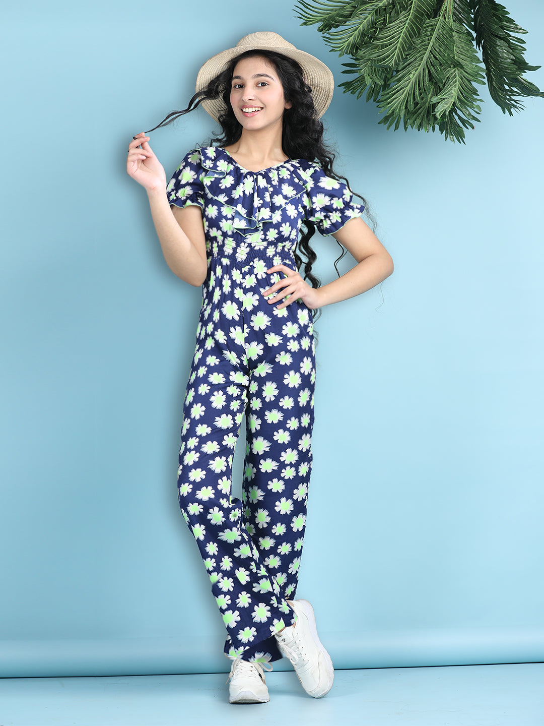 Cutiekins Girls Stylish Floral Print Embellished Jumpsuit -Navy & Off White