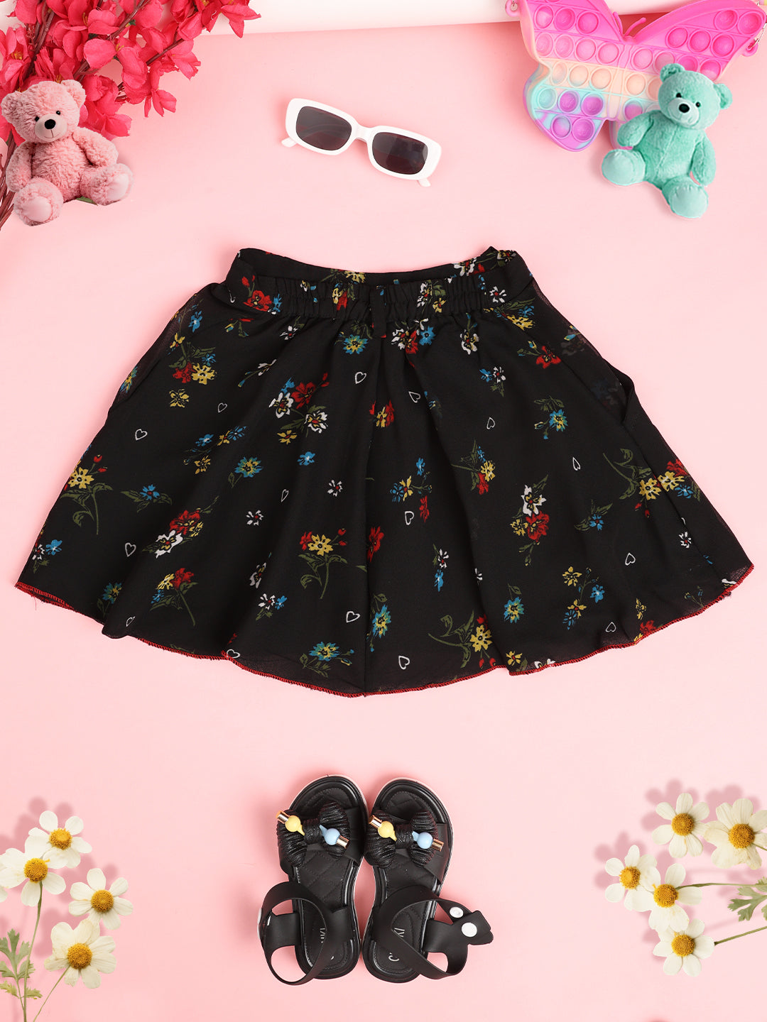 Cutiekins Girls Floral Print Embellished Skirt- Black & Multi