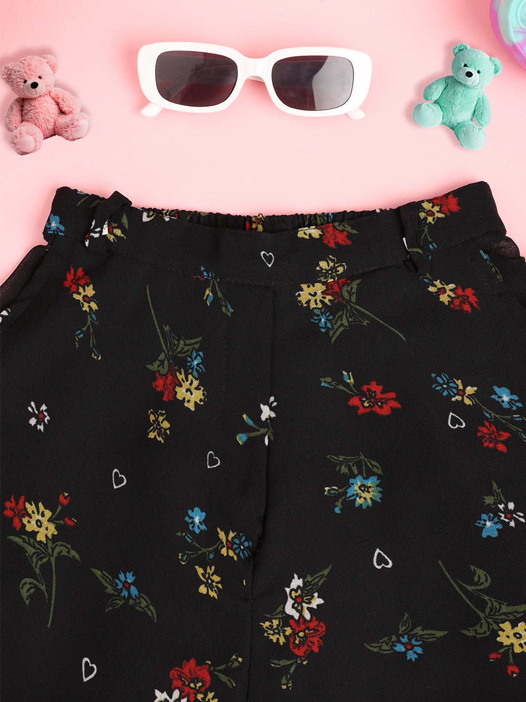 Cutiekins Girls Floral Print Embellished Skirt- Black & Multi