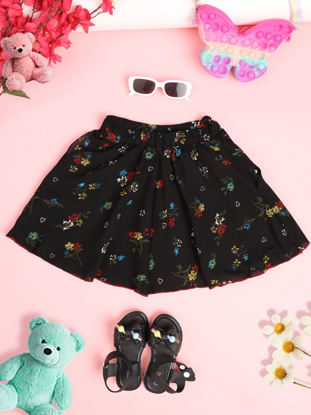 Cutiekins Girls Floral Print Embellished Skirt- Black & Multi