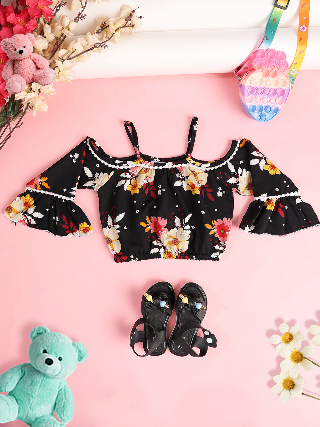 Cutiekins Girls Floral Printed Embellished Crop Top- Black & Multi