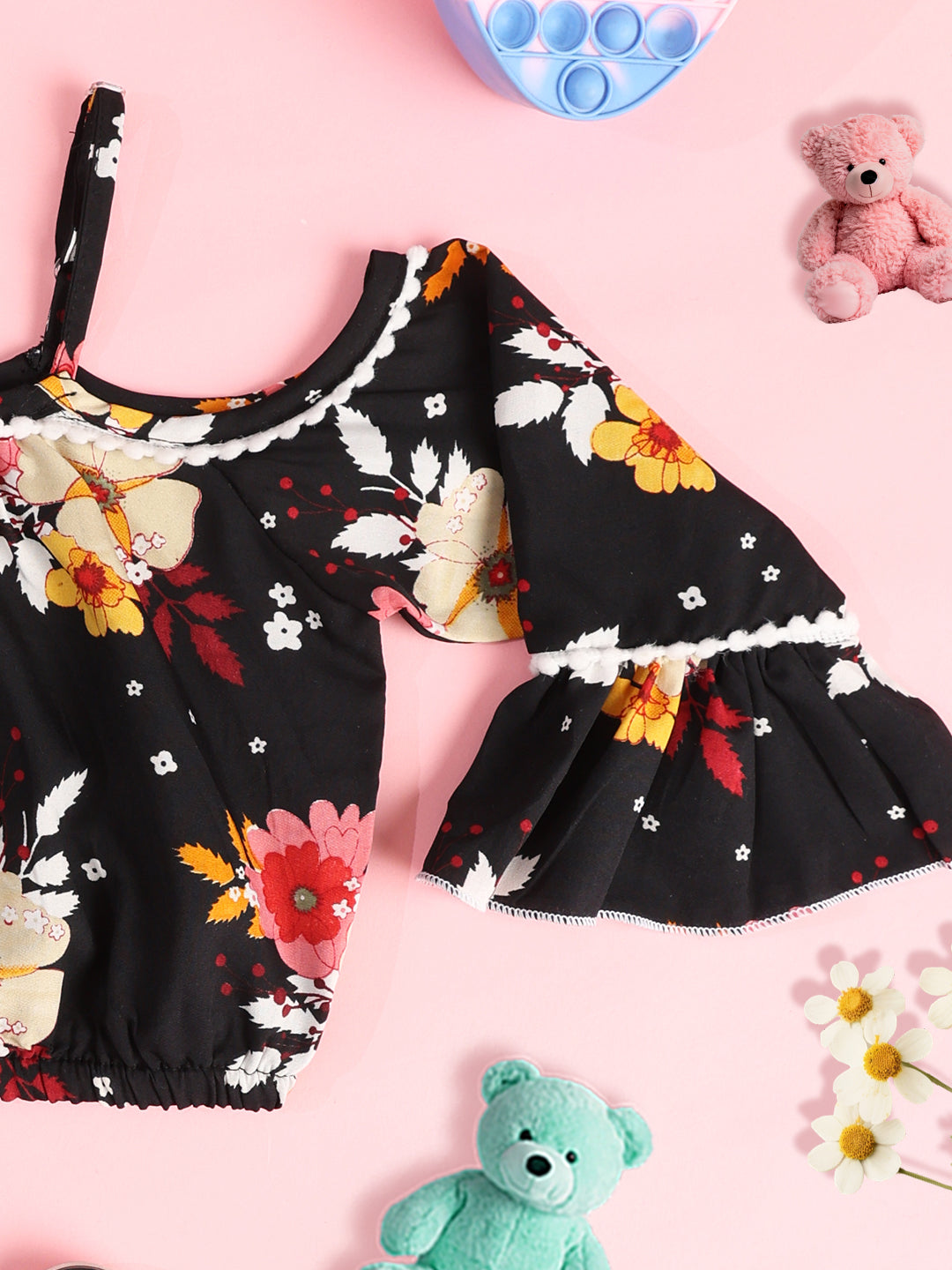 Cutiekins Girls Floral Printed Embellished Crop Top- Black & Multi