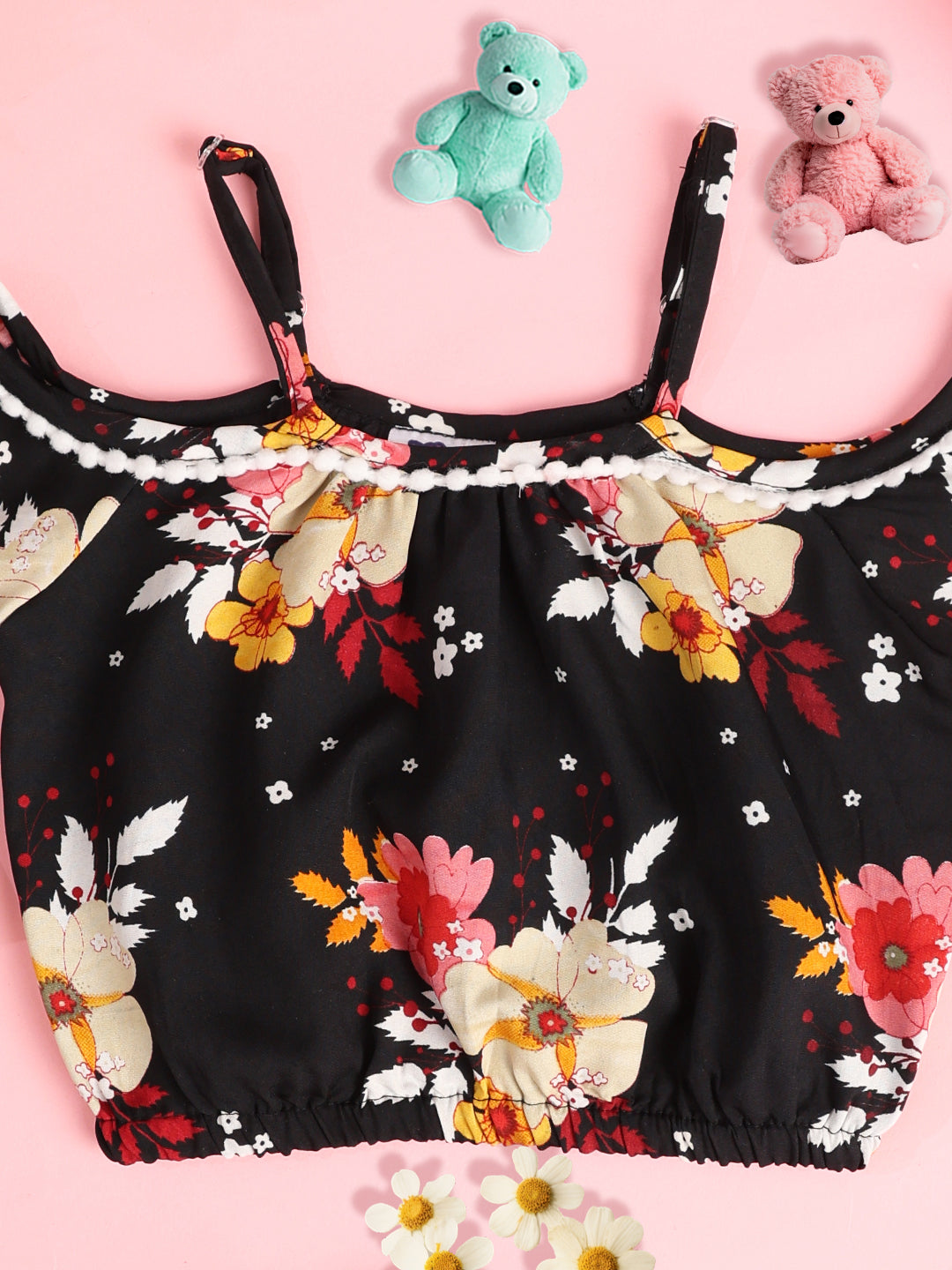 Cutiekins Girls Floral Printed Embellished Crop Top- Black & Multi