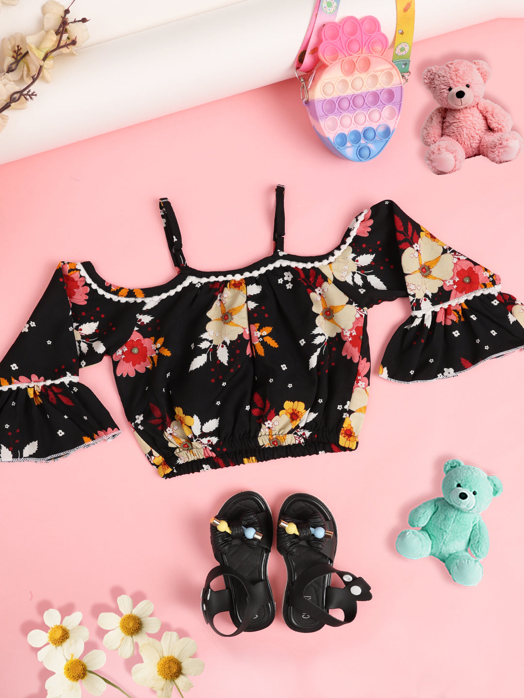 Cutiekins Girls Floral Printed Embellished Crop Top- Black & Multi