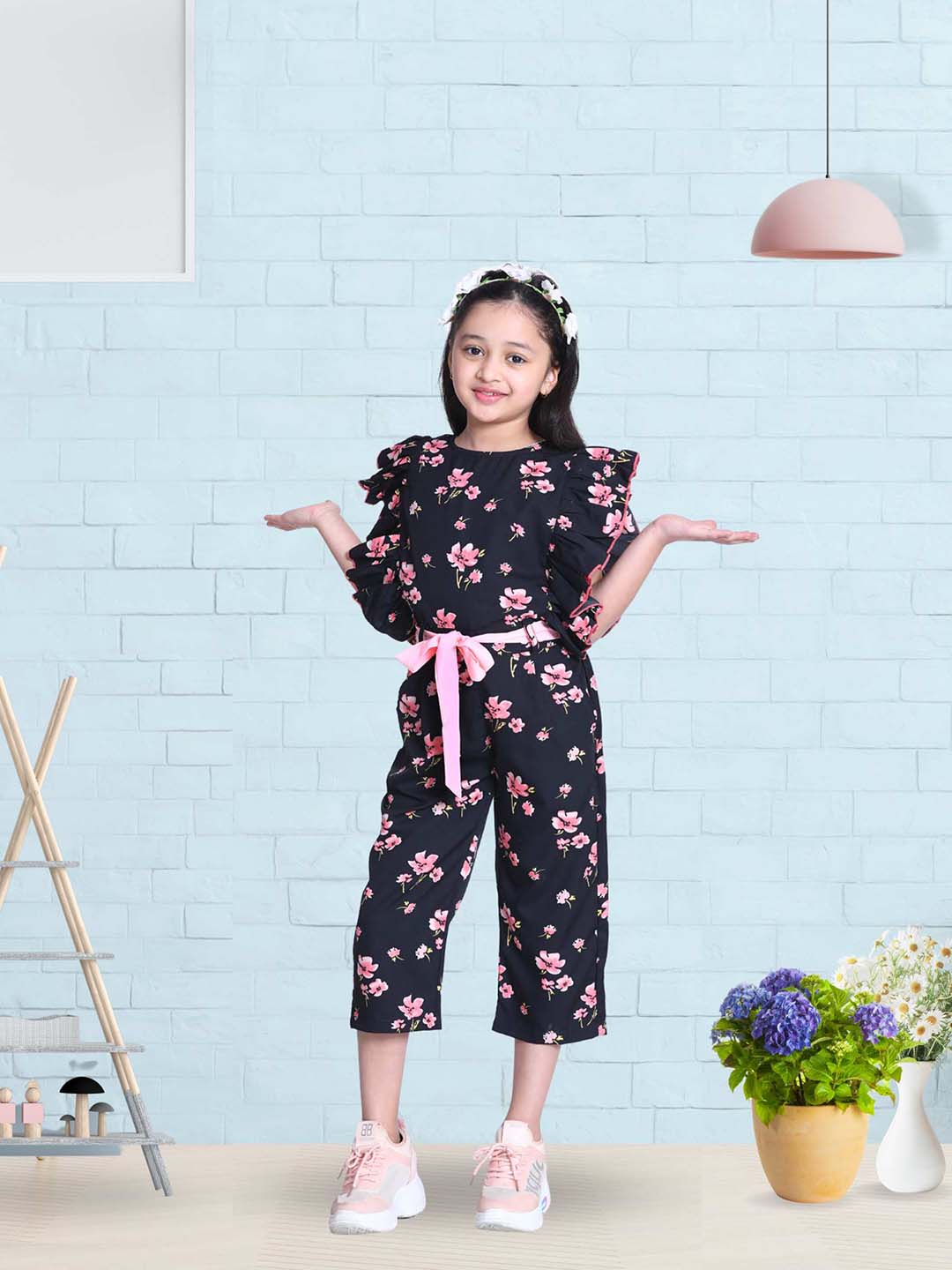 Cutiekins Floral Printed Ruffle Ankle length Jumpsuit -Black & Peach