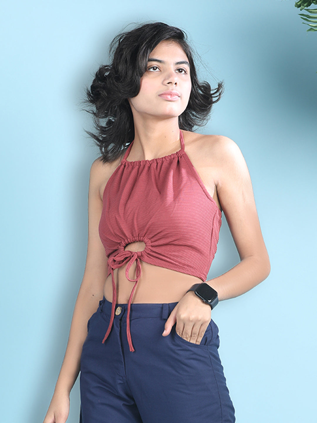 Cutiekins Girls Solid Embellished Stylish Tie-Ups Crop Top -Dark Red
