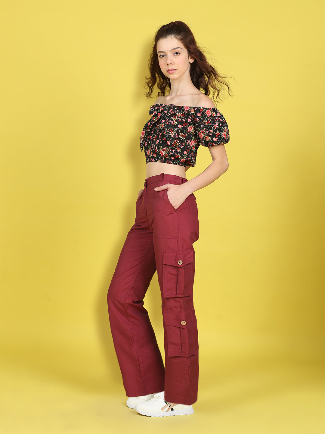 Cutiekins Girls Trendy Bold Look Crop Top With Solid Cargo -Black & Maroon