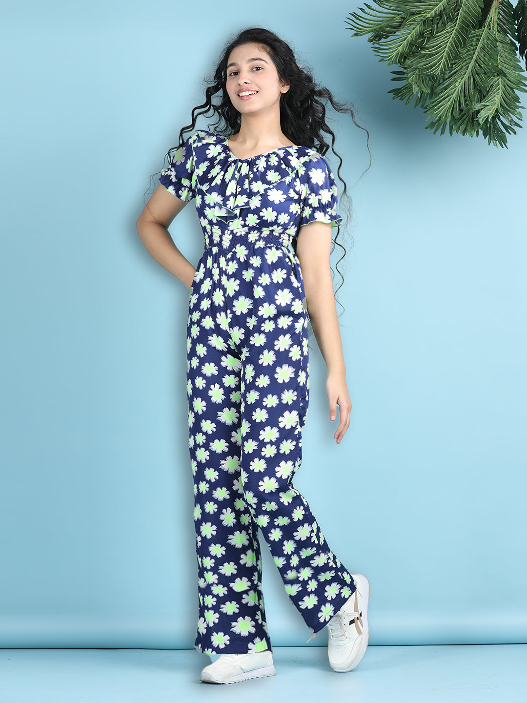 Cutiekins Girls Stylish Floral Print Embellished Jumpsuit -Navy & Off White