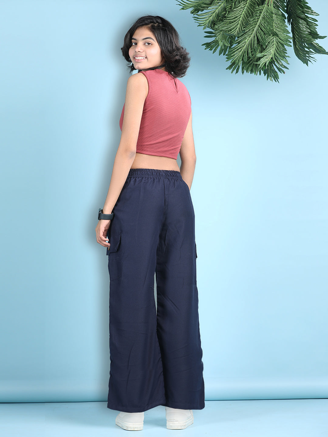 Cutiekins Girls Solid Embellished Top with Solid Cargo -Dark Red & Navy Blue