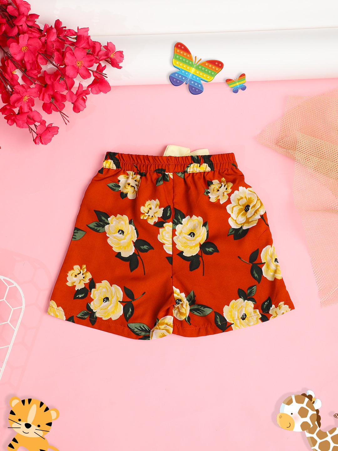 Cutiekins Girls Floral Printed Embellished Short -Rust & Cream