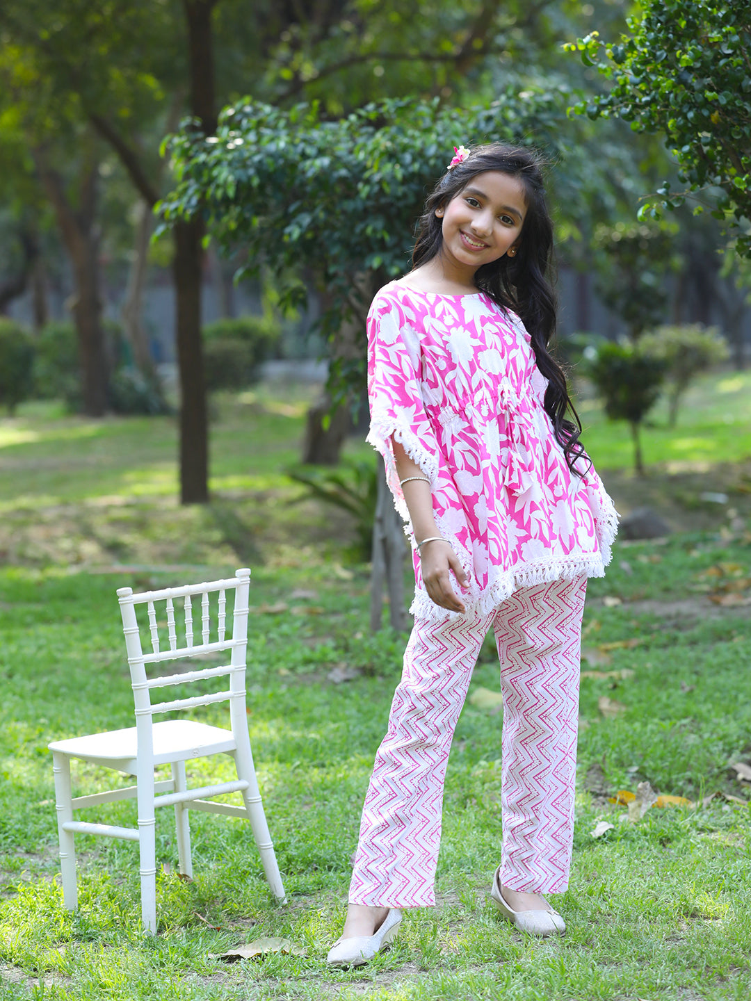 Cutiekins Girls Trendy Floral Print Kaftan Kurta and Palazzo Set -Coral Pink & Off White