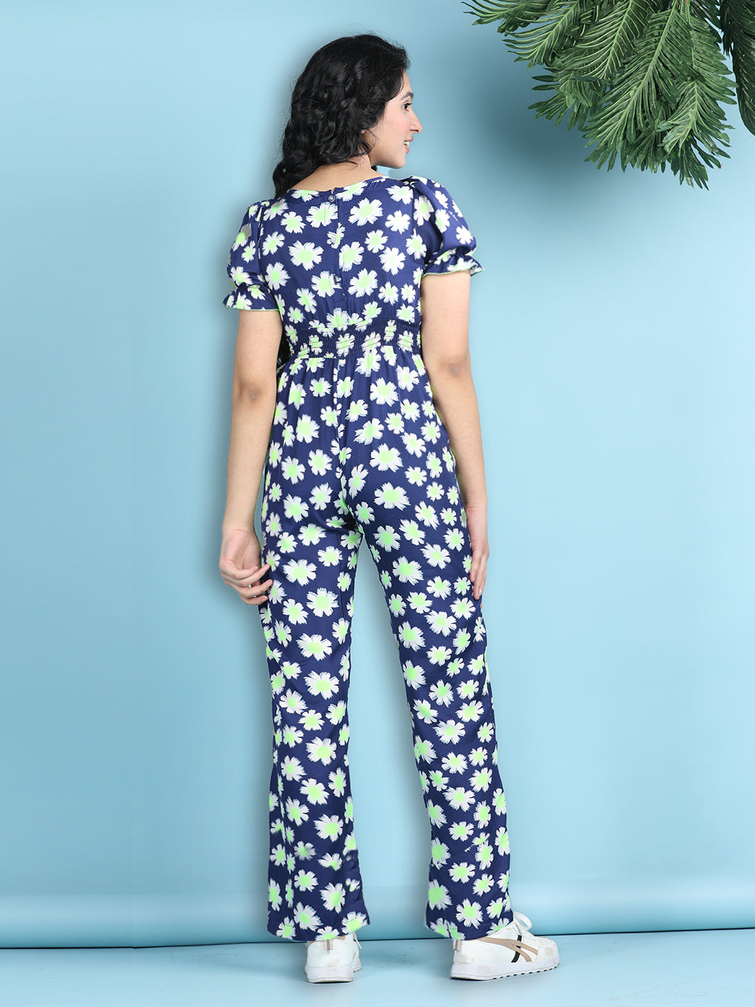 Cutiekins Girls Stylish Floral Print Embellished Jumpsuit -Navy & Off White
