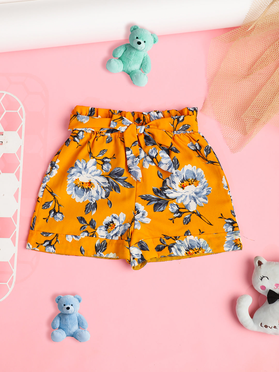 Cutiekins Girls Floral Printed Embellished Short -Mustard & Off White