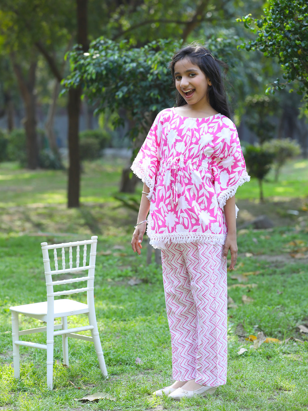 Cutiekins Girls Trendy Floral Print Kaftan Kurta and Palazzo Set -Coral Pink & Off White
