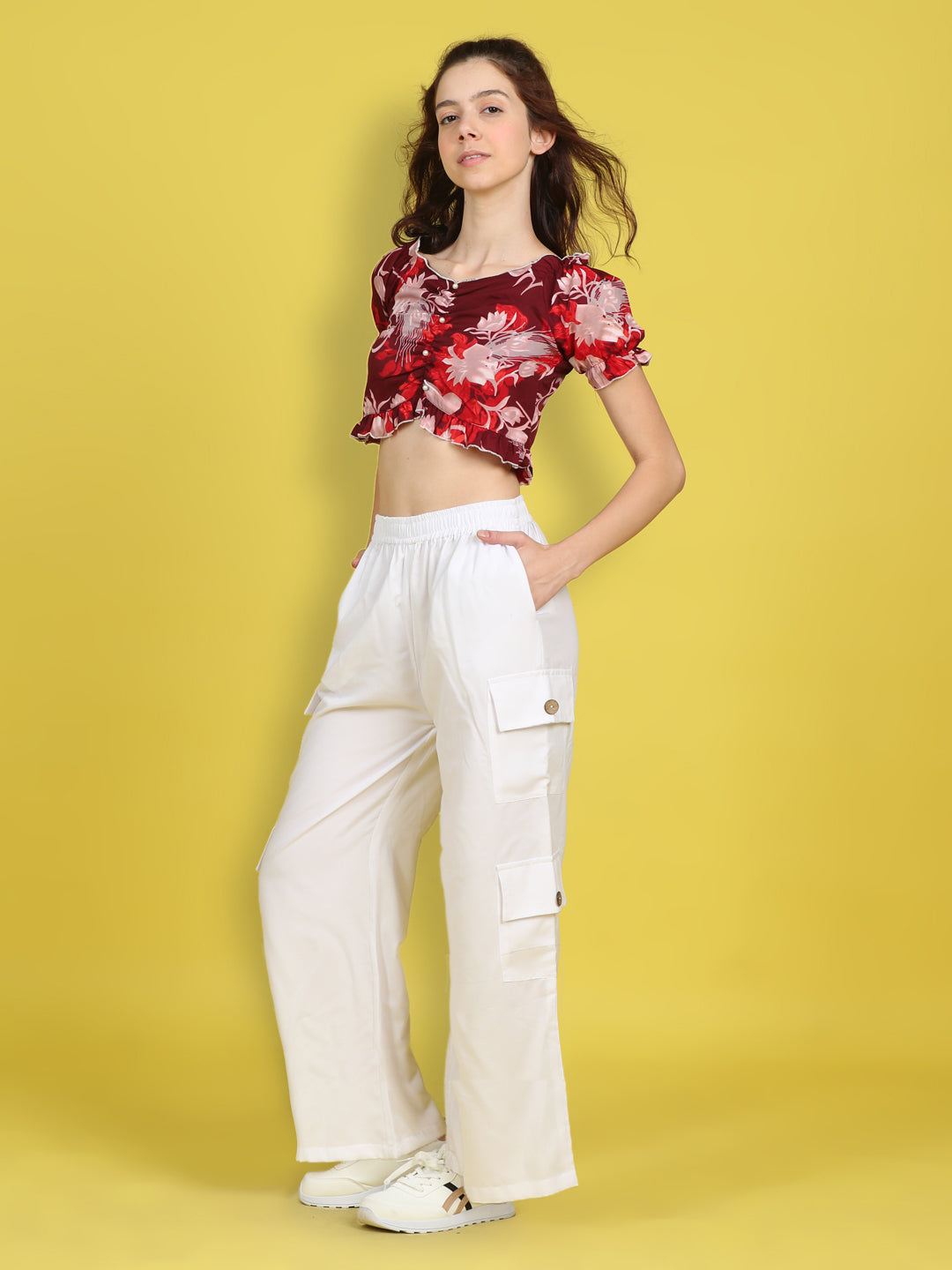 Cutiekins Girls Trendy Bold Look Crop Top With Solid Cargo -Red & Off White