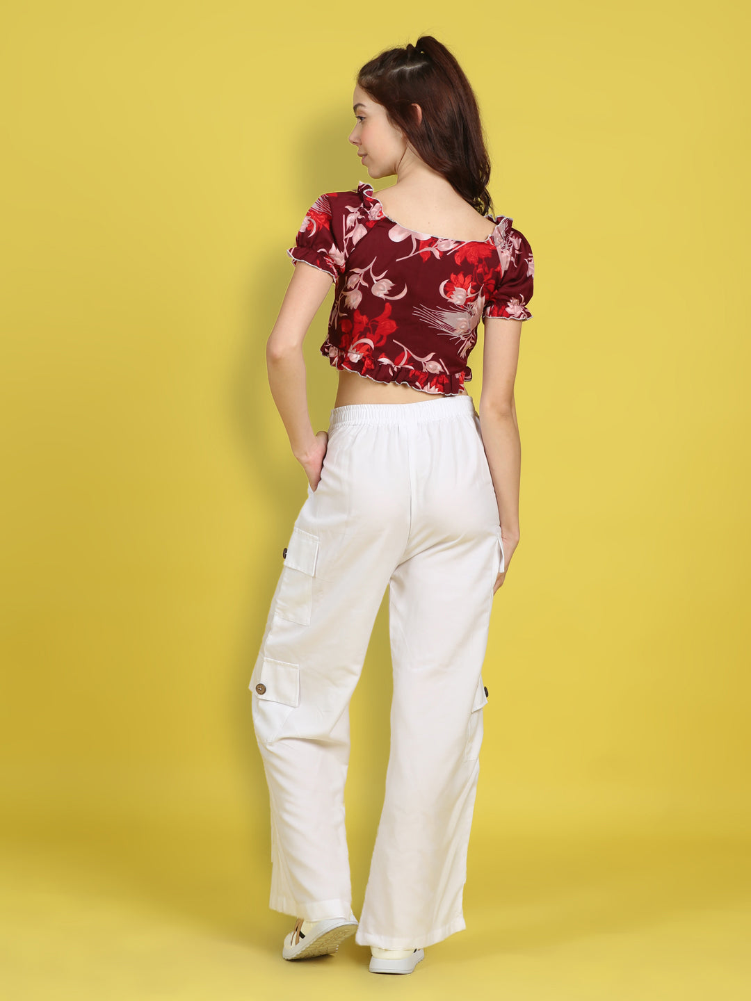 Cutiekins Girls Trendy Bold Look Crop Top With Solid Cargo -Red & Off White