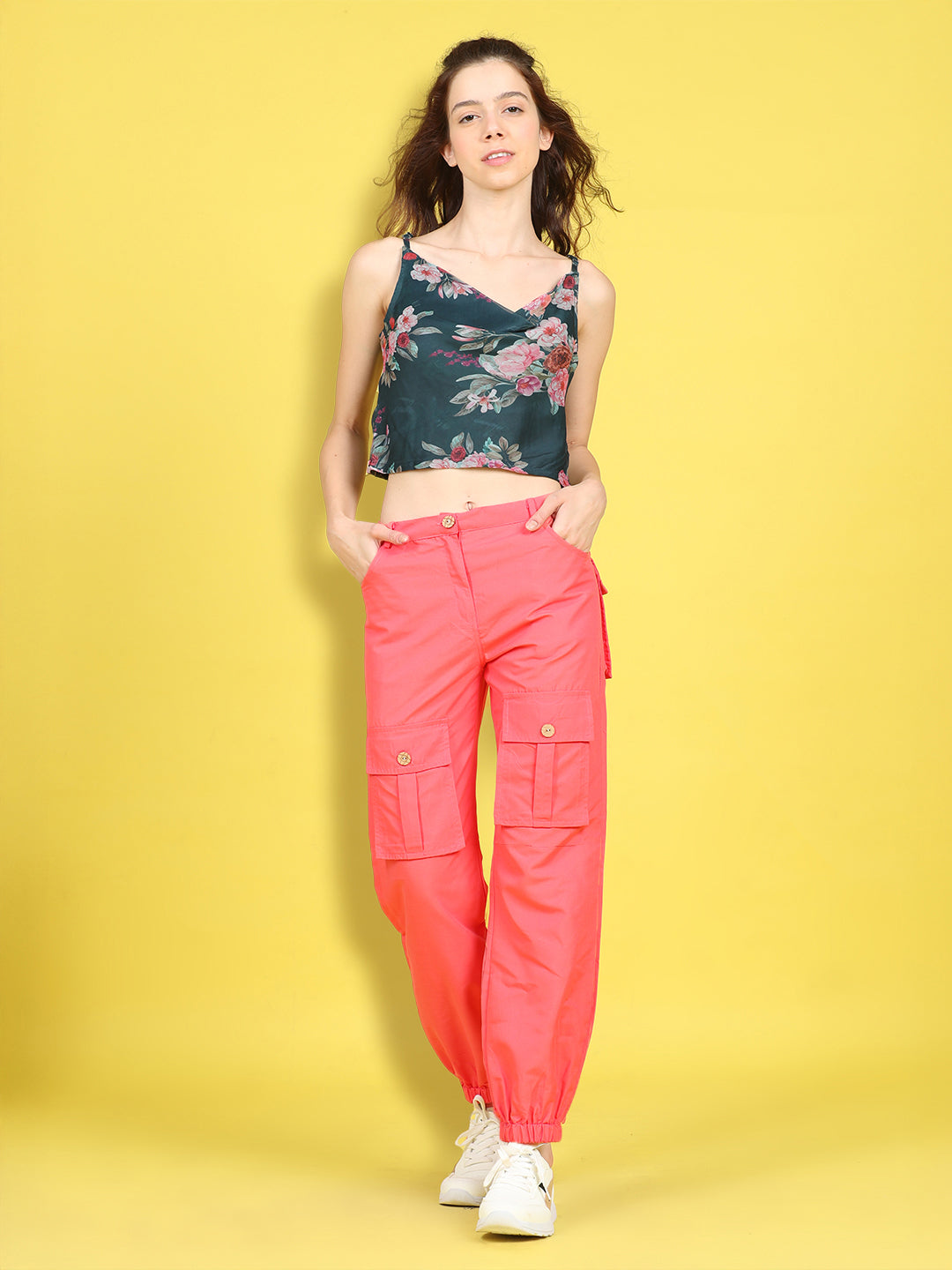 Cutiekins Girls Trendy Bold Look Crop Top With Solid Cargo -Sea Green & Coral Pink