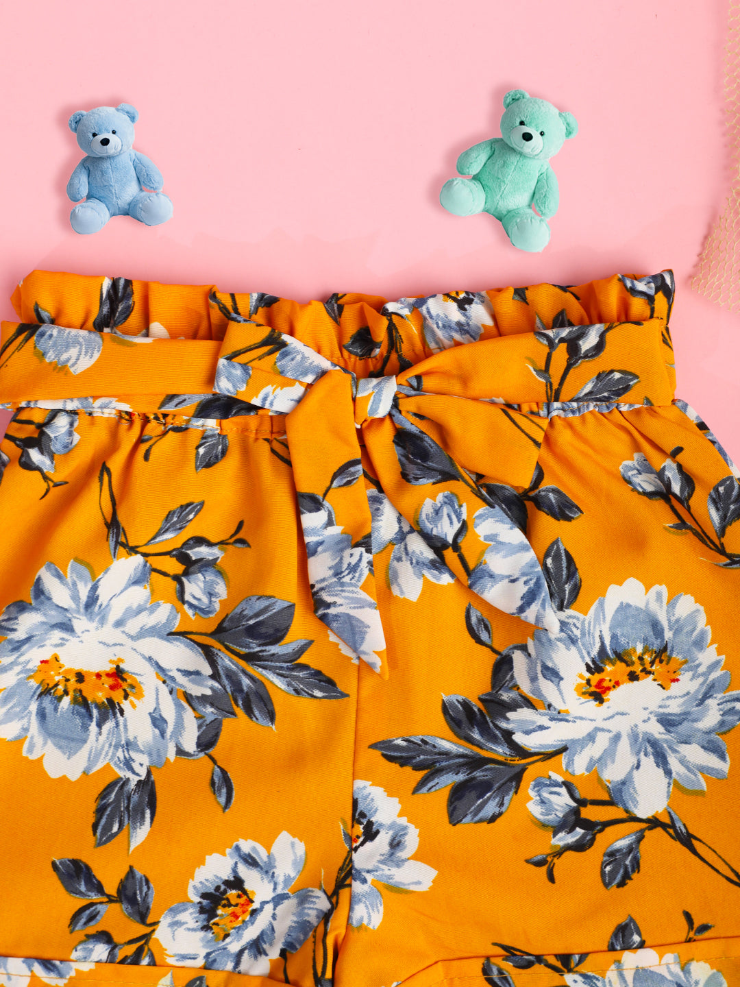 Cutiekins Girls Floral Printed Embellished Short -Mustard & Off White