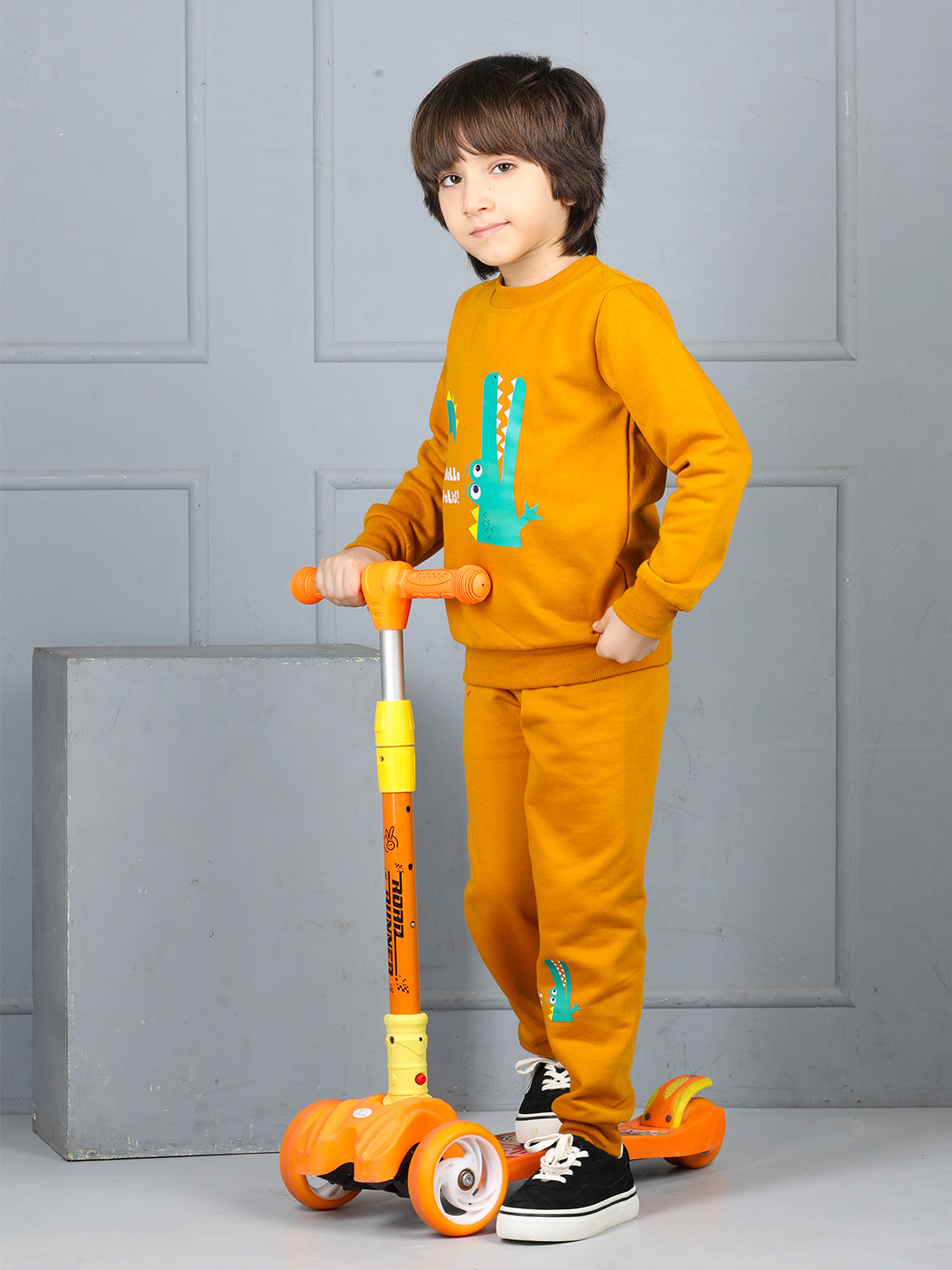 Cutiekins Boys Crocodile Graphic Print cozy Tracksuit -Mustard & Green