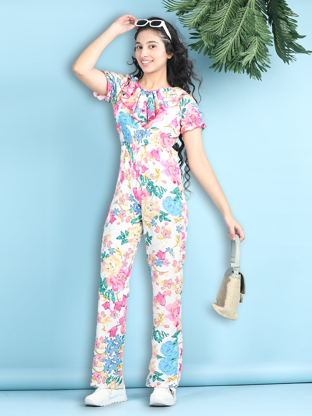 Cutiekins Girls Stylish Flora Print Embellished Jumpsuit -White & Pink