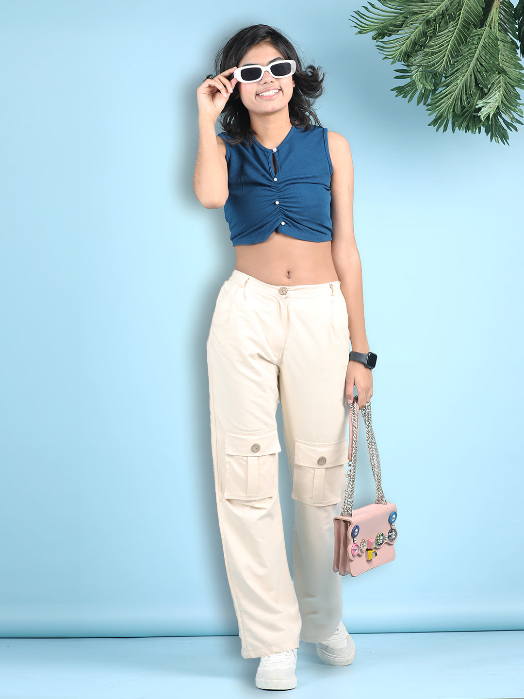 Cutiekins Girls Solid Embellished Top with Solid Cargo -Royal Blue & White