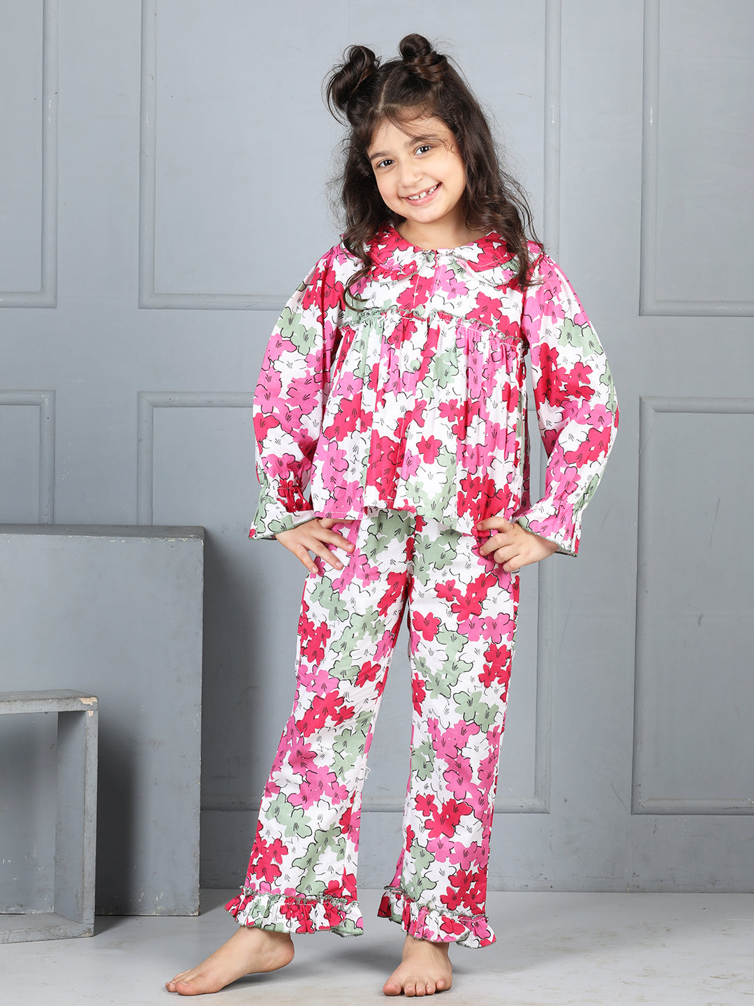 Cutiekins Girls Shirt Style Floral Printed Top With Printed Palazzo Nightsuit -Off White & Multi