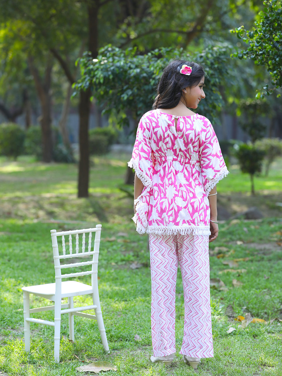 Cutiekins Girls Trendy Floral Print Kaftan Kurta and Palazzo Set -Coral Pink & Off White