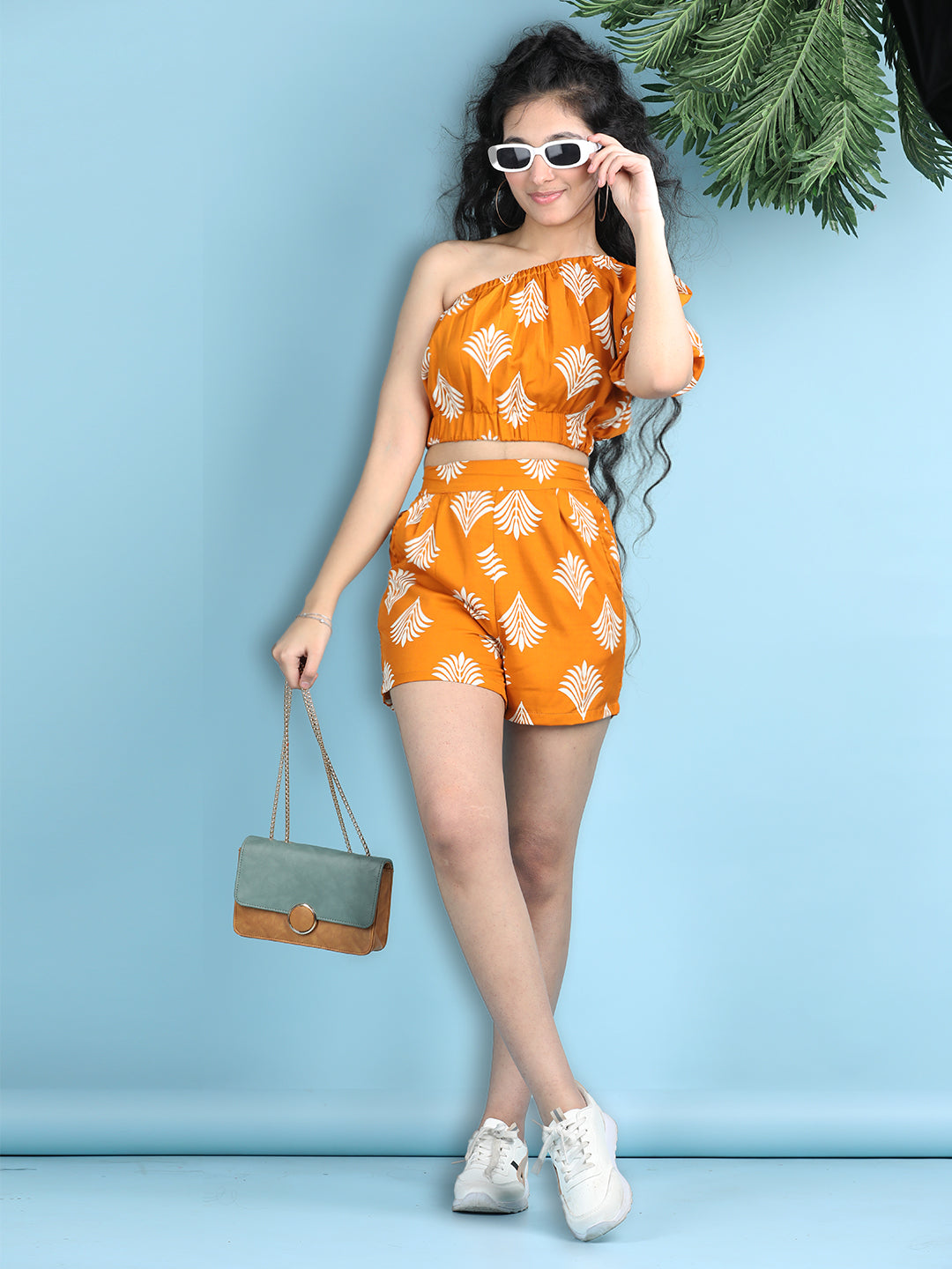 Cutiekins Girls Printed Embellished Top with Printed Shorts -Mustard & Off White