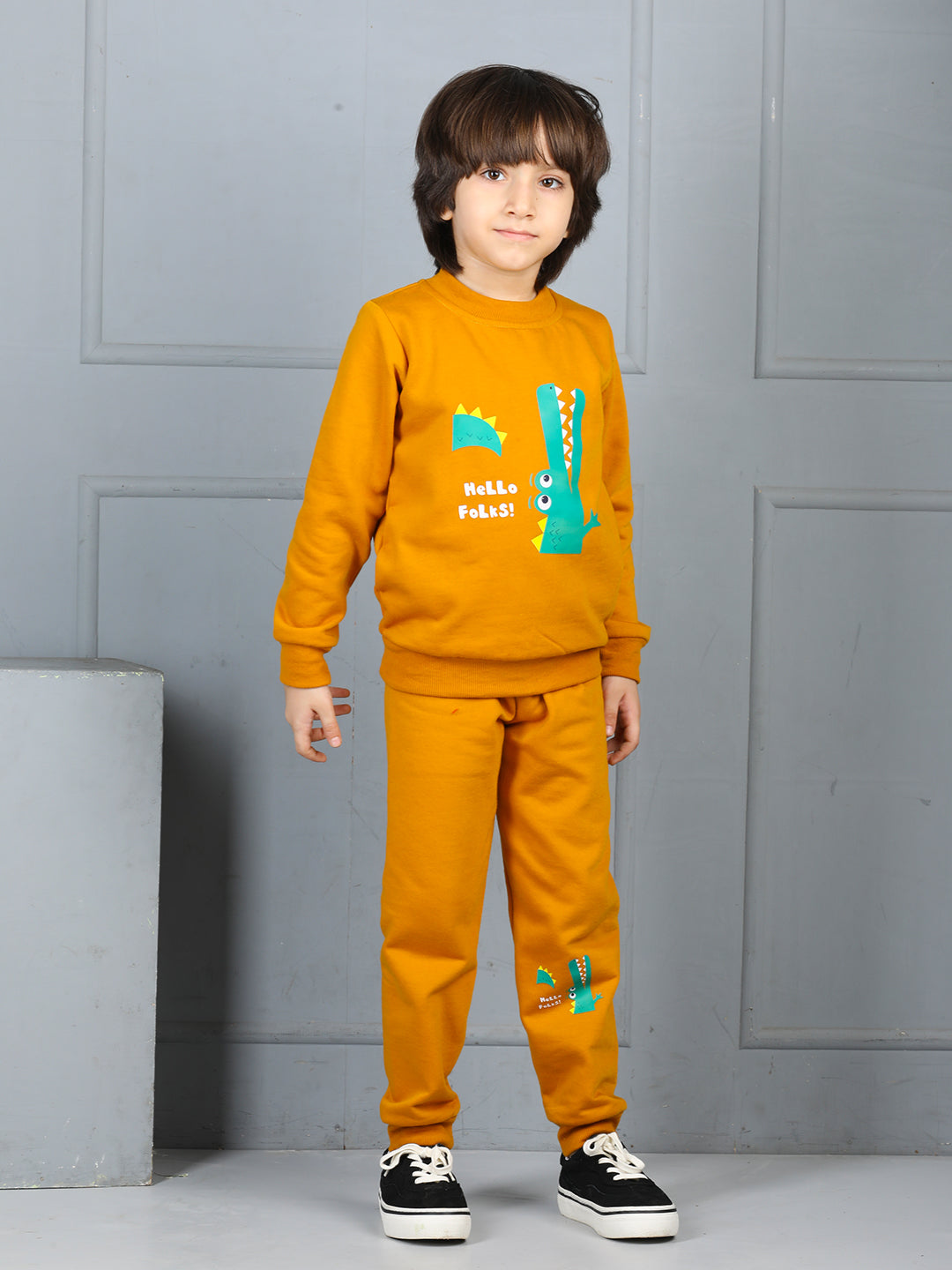 Cutiekins Boys Crocodile Graphic Print cozy Tracksuit -Mustard & Green