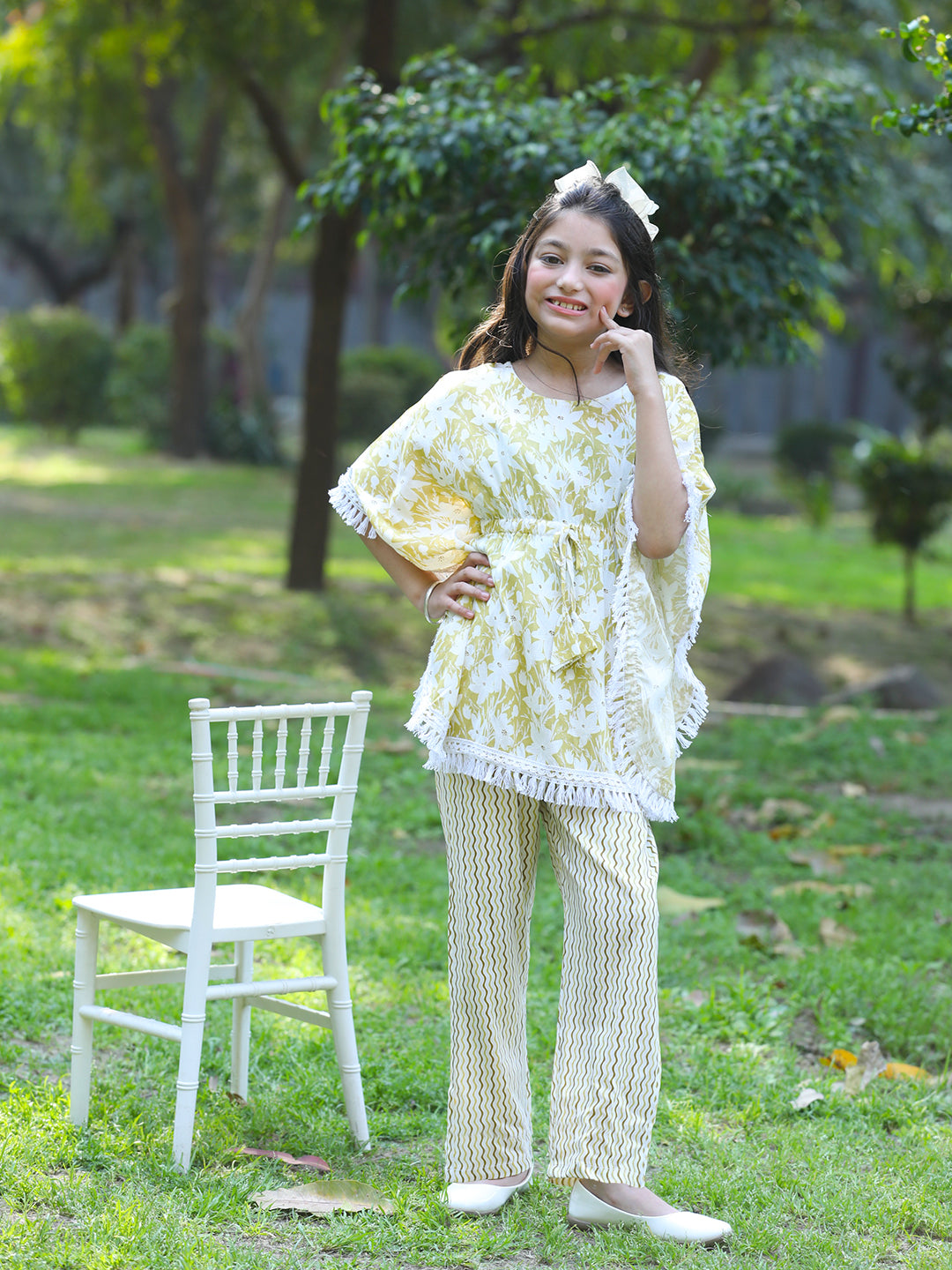 Cutiekins Girls Trendy Floral Print Kaftan Kurta and Palazzo Set -Khaki & Off White