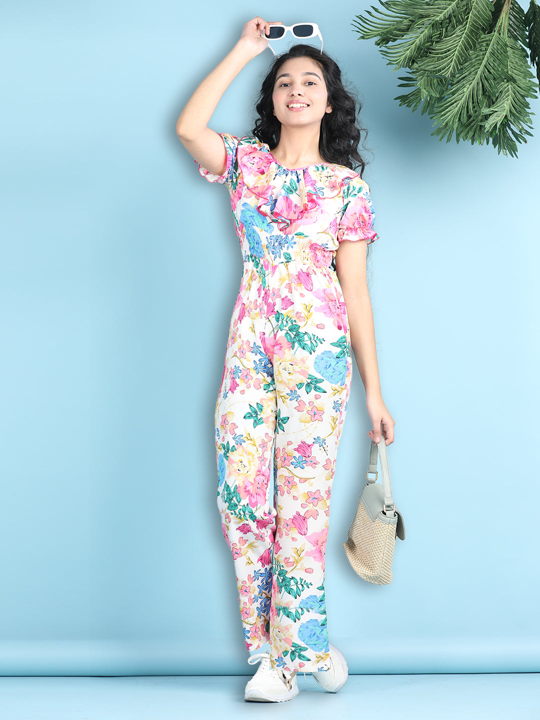 Cutiekins Girls Stylish Flora Print Embellished Jumpsuit -White & Pink