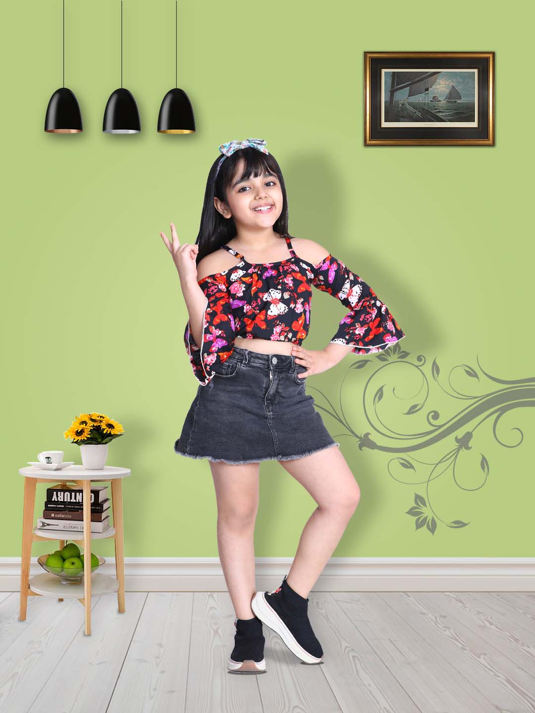 Cutiekins Butterfly Printed Bell Sleeves Crop Top -Black & White