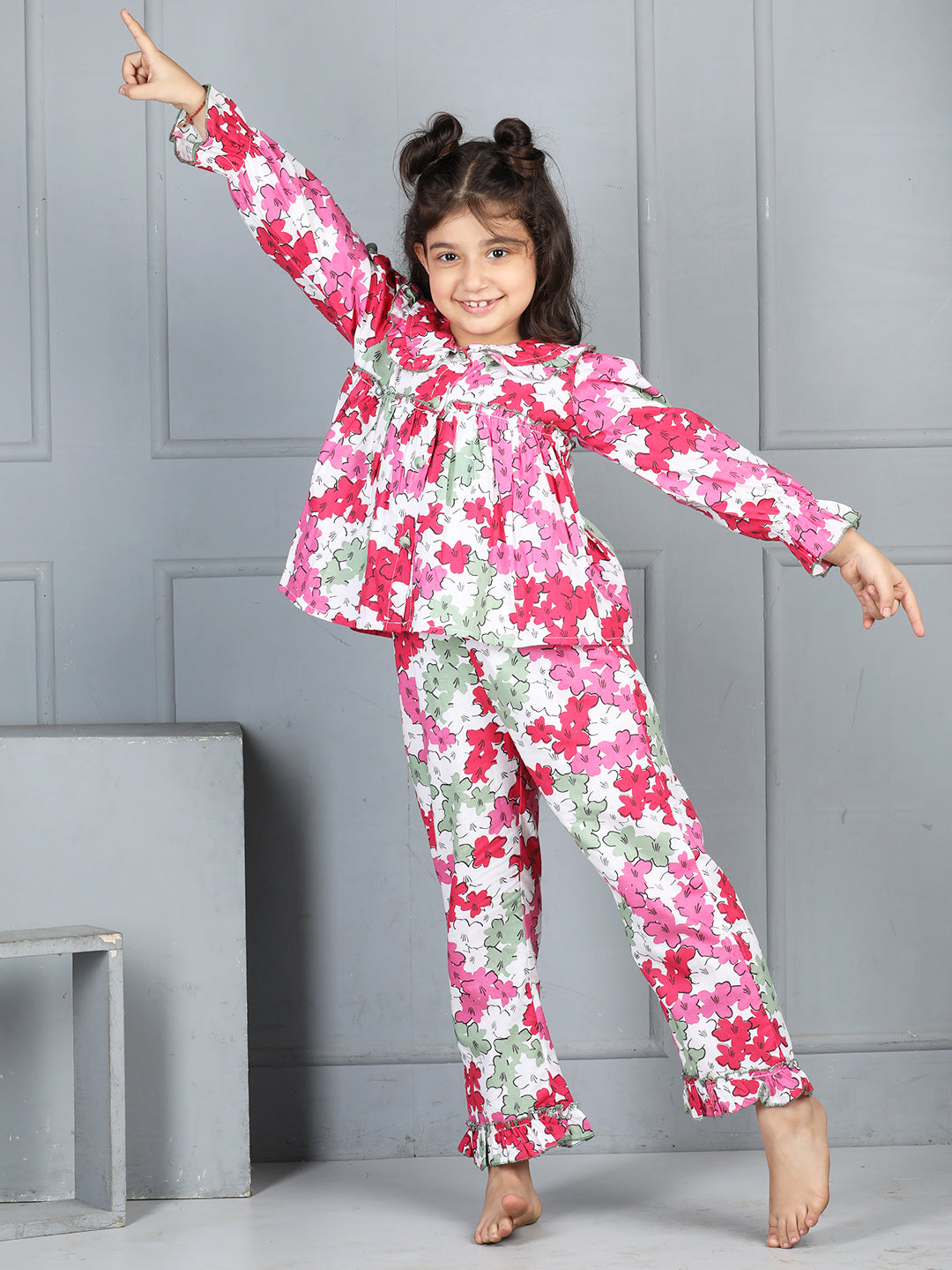 Cutiekins Girls Shirt Style Floral Printed Top With Printed Palazzo Nightsuit -Off White & Multi
