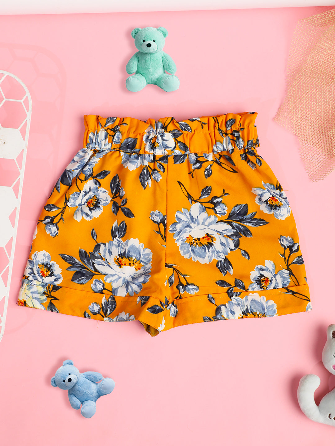 Cutiekins Girls Floral Printed Embellished Short -Mustard & Off White