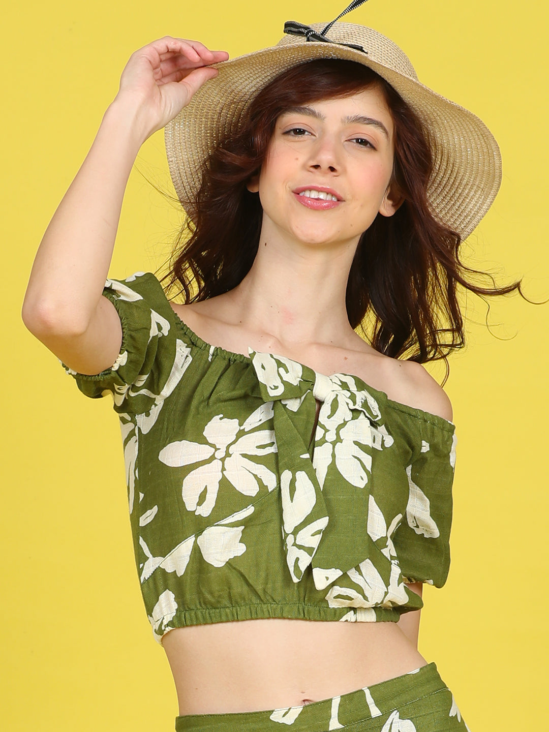 Cutiekins Girls Trendy Bold Style Printed Top -Olive Green & Off White