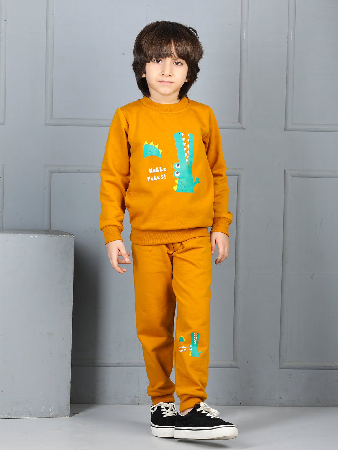 Cutiekins Boys Crocodile Graphic Print cozy Tracksuit -Mustard & Green