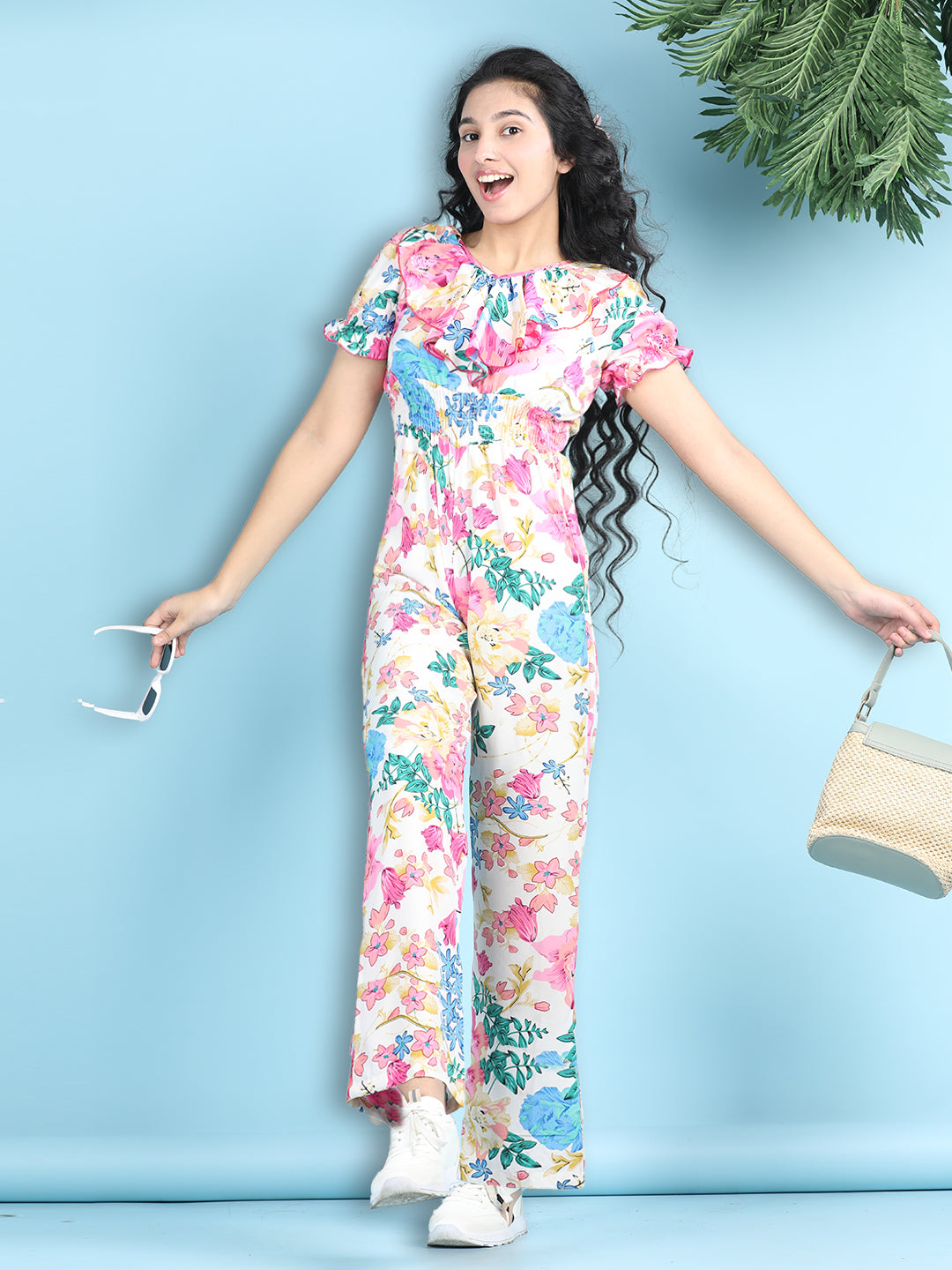 Cutiekins Girls Stylish Flora Print Embellished Jumpsuit -White & Pink