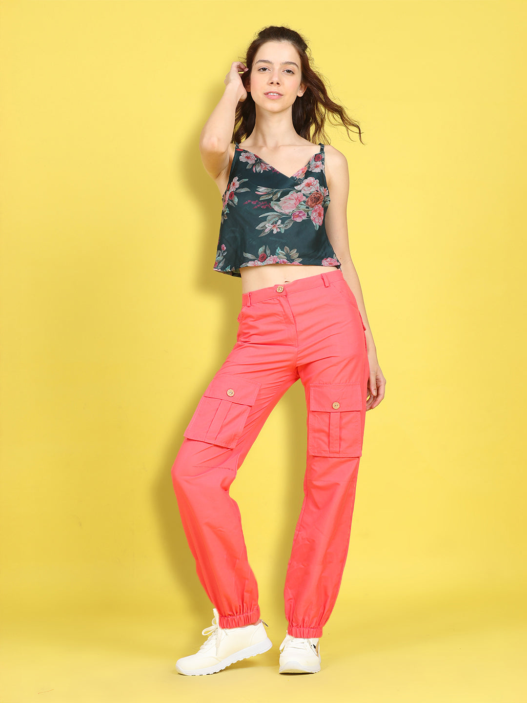 Cutiekins Girls Trendy Bold Look Crop Top With Solid Cargo -Sea Green & Coral Pink